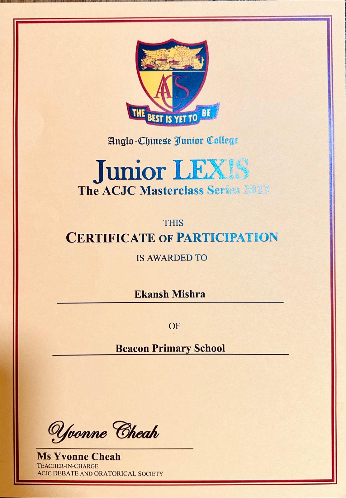 Junior Lexis Debate Masterclass certificate